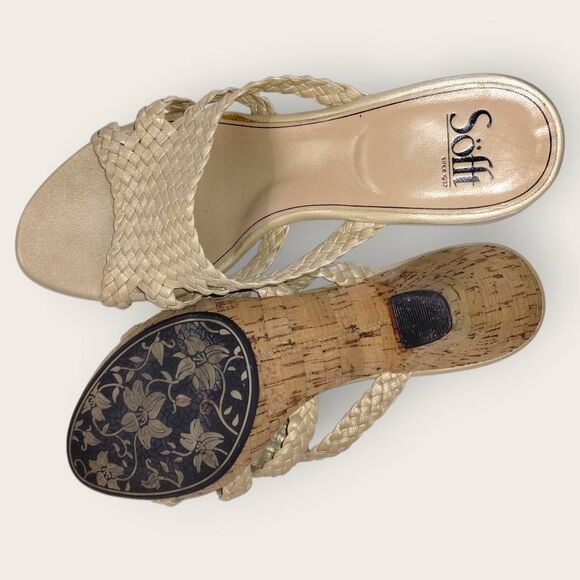 Sofft Womens Sandal Sz 10 Kitten Heel Slipon Beige Woven Leather Comfort Cushion - Picture 7 of 10